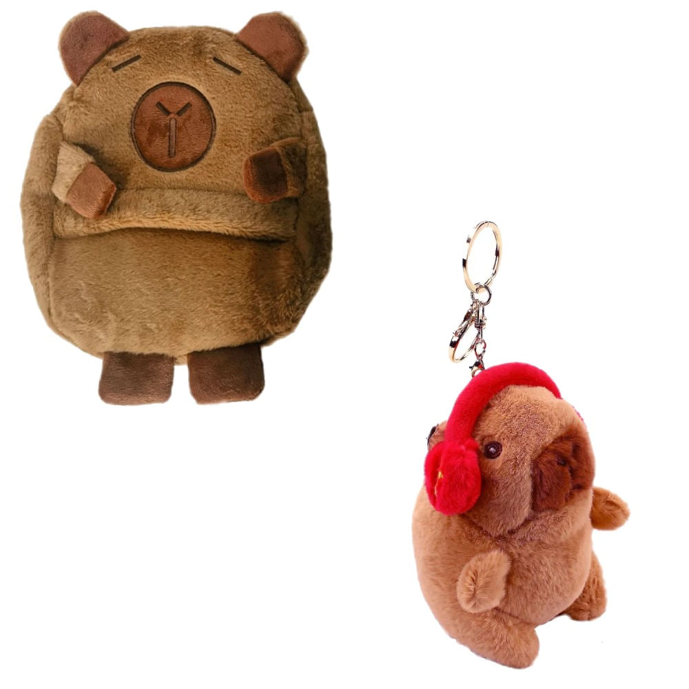 Kit Mochila Capivara com Orelhilha e Bracinho e Chaveiro Pelúcia Capivara com Fone Vermelho - BBR Toys