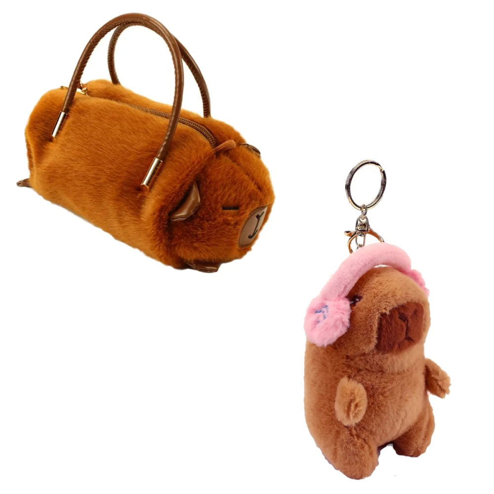 Kit Bolsinha Pelúcia Capivara e Chaveiro de Pelúcia Capivara com Fone Rosa - BBR Toys