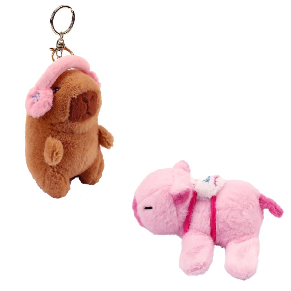 Kit Chaveiro de Pelúcia Capivara com Fone Rosa e Pulseira Pelúcia Capivara Rosa Slap com Mochila - BBR Toys