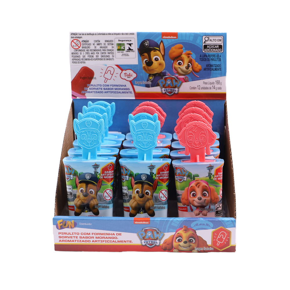 Kit Patrulha Canina Display 12 Pirulitos Forminha de Sorvete Sabor Morango - Fun Divirta-se