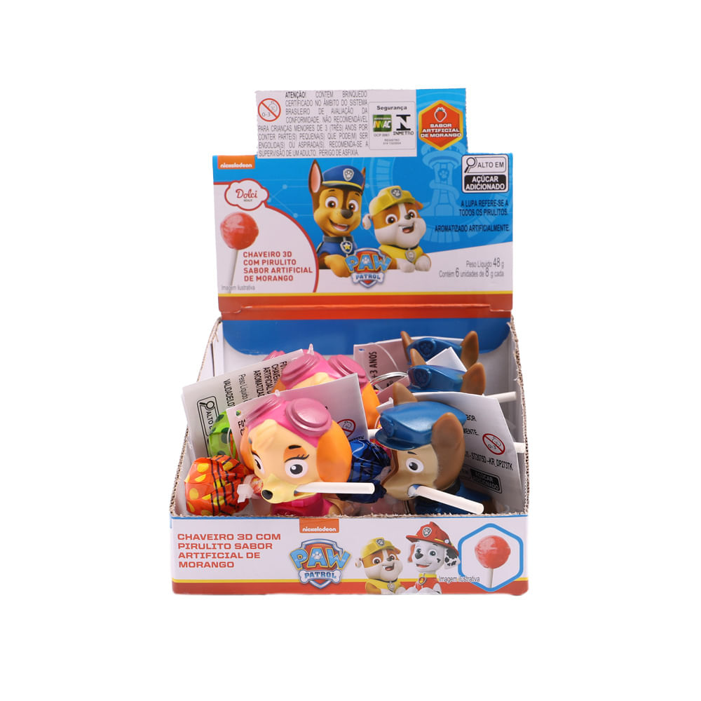 Kit Patrulha Canina Display 6 Chaveiros 3D com Pitulito Sabor Morango - Fun Divirta-se