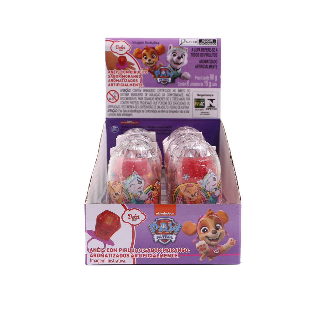 Kit Patrulha Canina Display 6 Anéis com Pirulito Sabor Morango - Fun Divirta-se