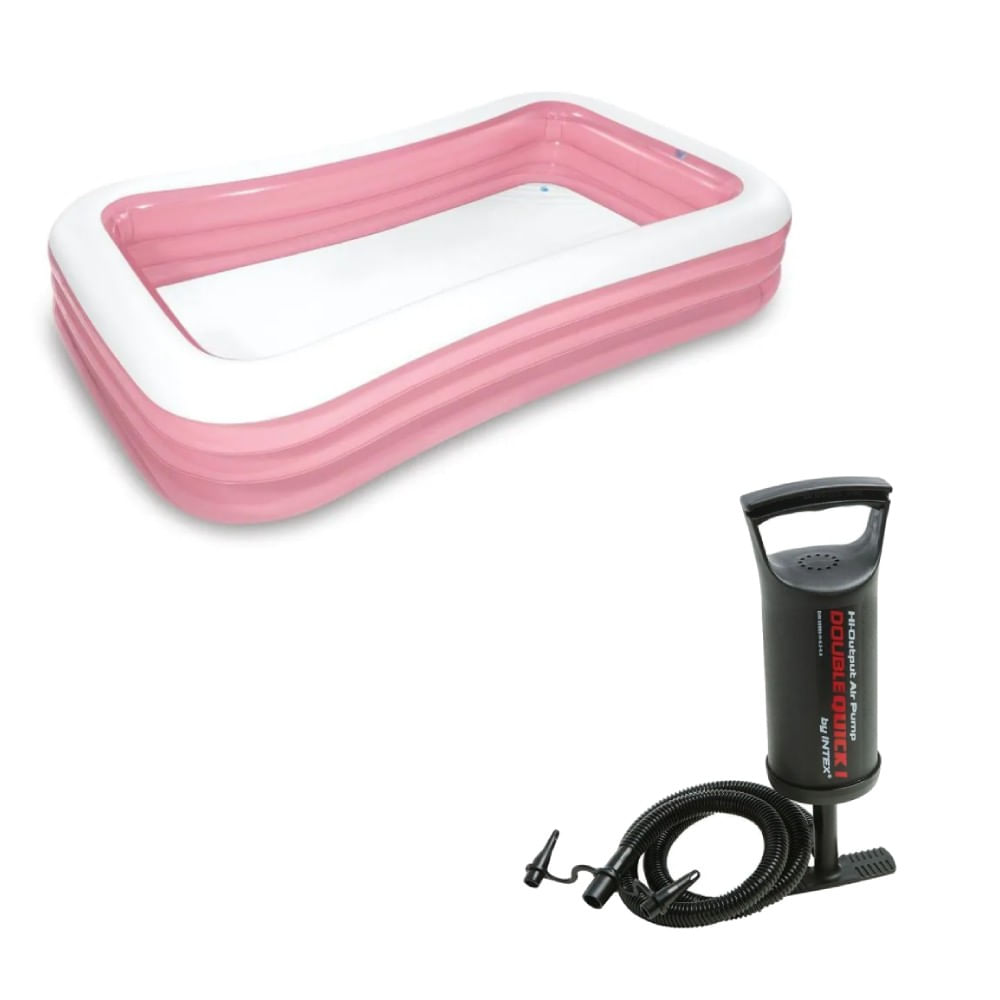 Kit Piscina Familiar Retangular Rosa 1050 Litros e Bomba de Ar Manual Double Quick Pequena - Intex