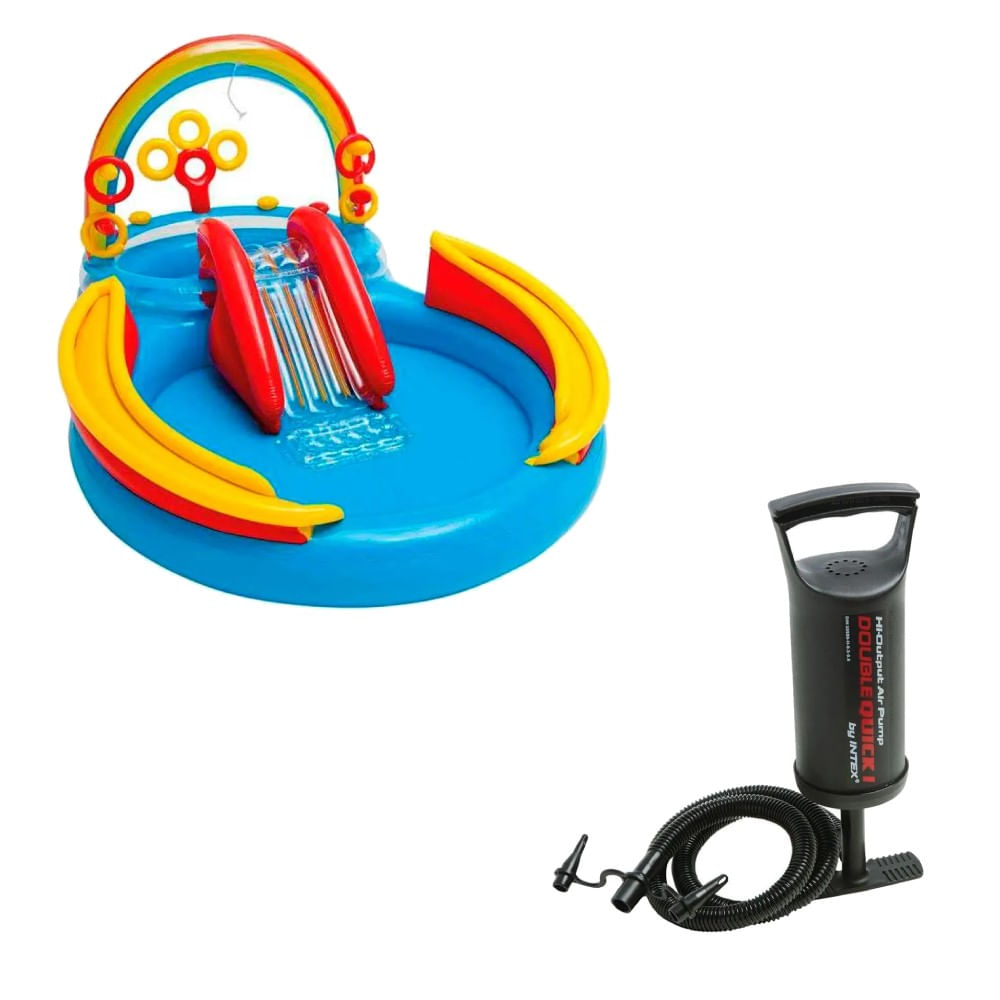 Kit Piscina Playground Arco Iris 246 Litros e Bomba de Ar Manual Double Quick Pequena - Intex