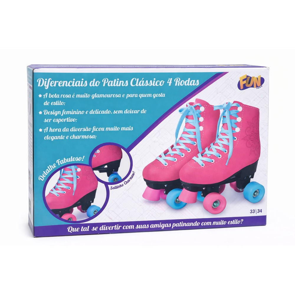 Fun Patins Clássico Rosa 4 Rodas 33-34 - Fun Divirta-se