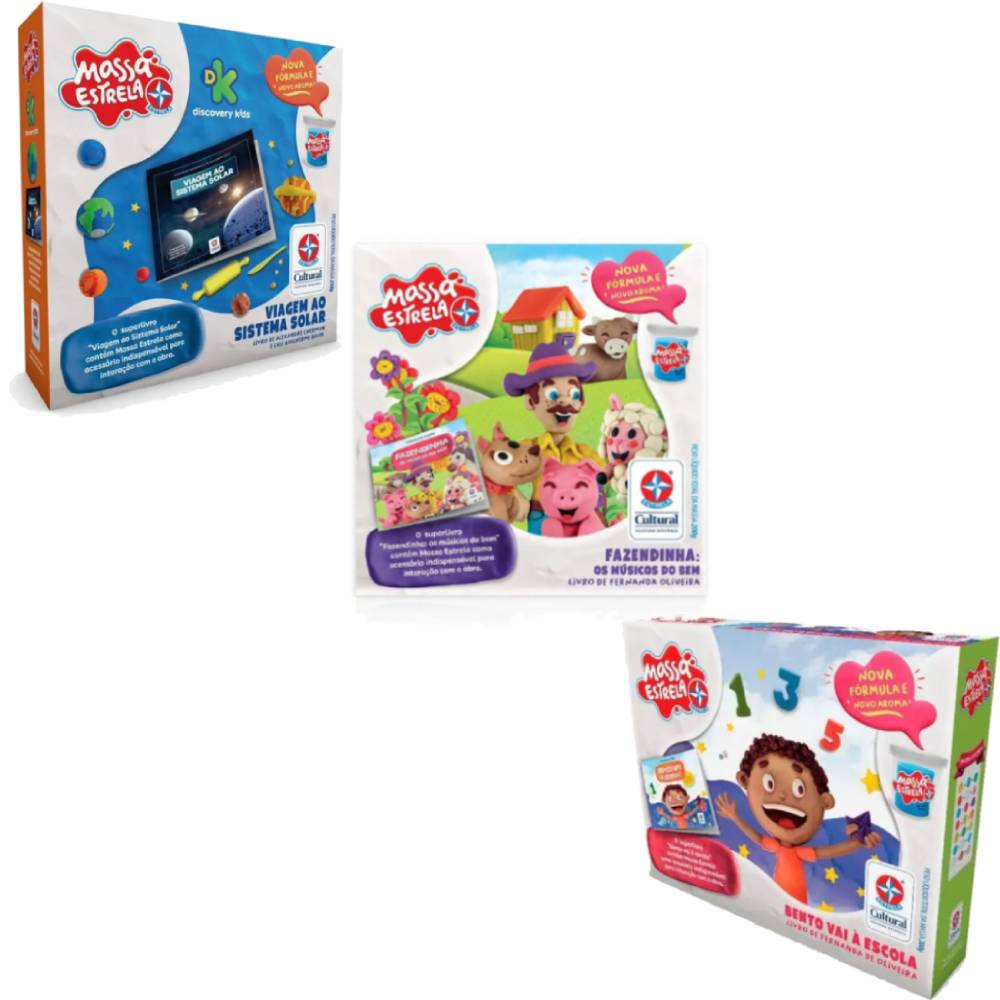Kit 3 Livros Massa Estrela Planetas, Fazendinha e Brincando na Escola - Estrela